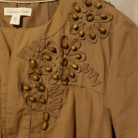 Coldwater Creek Beaded Safari Jacket Size 14 Light Open Front Tan Cotton NWT - Picture 4 of 12